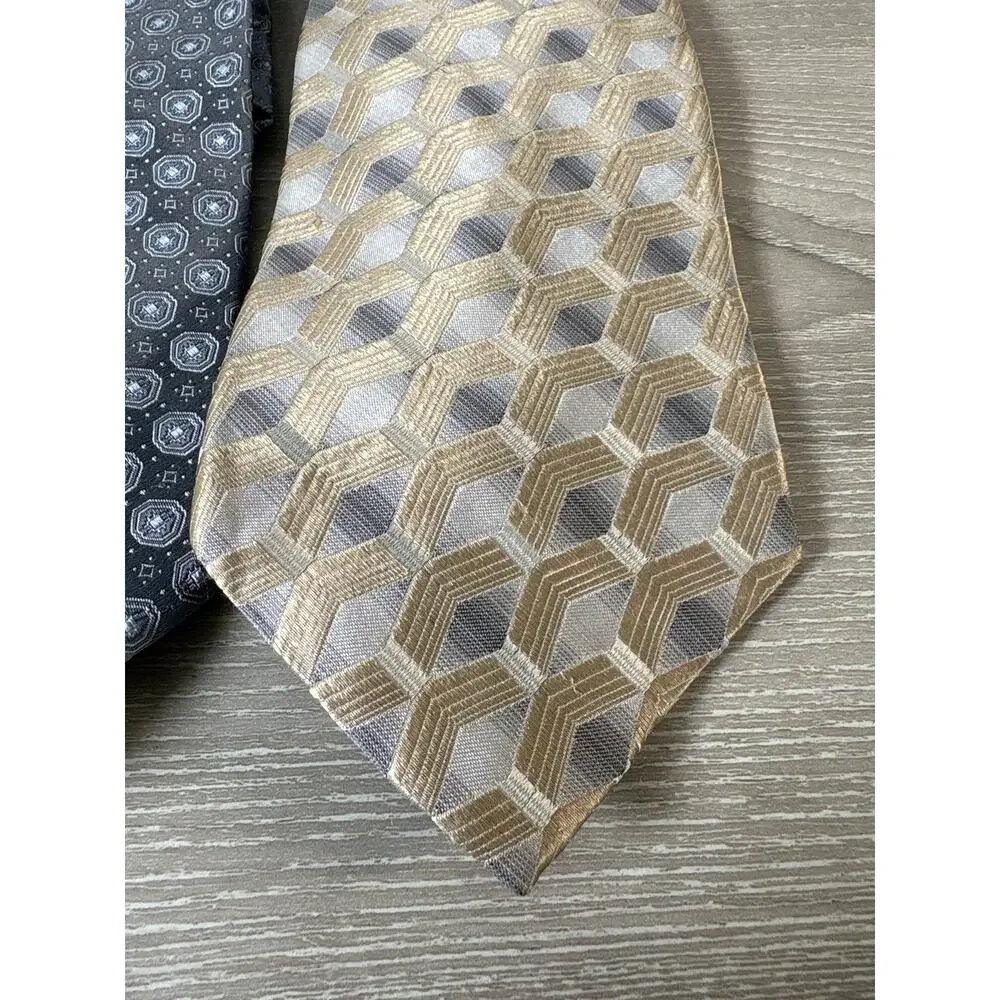 Fumagallis Uomo Lot of 2 Ties- Gray‎ Geometrical Designs and Tan- 100% Silk- EUC